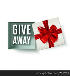 Giveaway advertisement banner, open gift box with decorative red bow, vector illustration