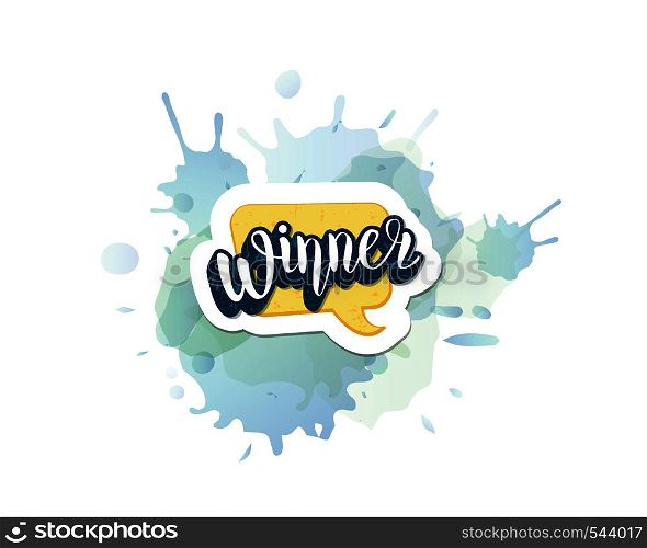 Giveaway and Winner banner. Handwritten lettering with watercolor texture decoration. Sticker creative text with speech bubble. Template for social media nework. Vector illustration.