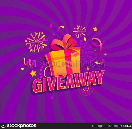 Giveaway banner, Win poster with gift box with prize to winner. Template design for social media posts, web banners on sunburst background. Offer reward in contest, vector illustration.. Giveaway banner,Win poster with gift box and prize