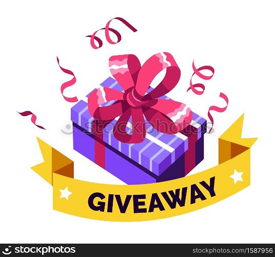 Giveaway for promo in social network, advertizing of giving present, like or repost isolated icon vector. Business account, gift box, winner. Social media post, surprise package, subscribers reward. Social media giveaway, giving present, gift box with surprise