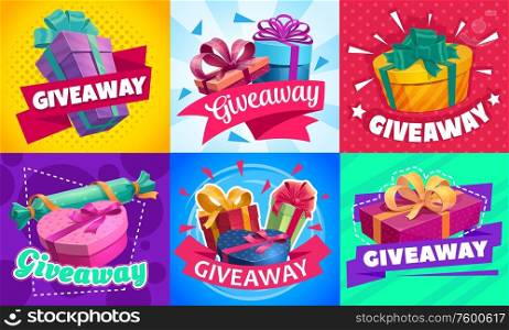 Giveaway gift boxes, promotion contest and competition free prizes, vector posters. Holidays and shopping giveaway gifts promo for wedding, Valentine day and Christmas. Free prizes, giveaway gifts, contest competition