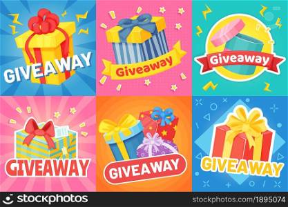 Giveaway poster with gift boxes, social media promo banner. Cartoon presents with ribbons, giveaways announcements banners vector set. Winner reward with confetti in competition or contest. Giveaway poster with gift boxes, social media promo banner. Cartoon presents with ribbons, giveaways announcements banners vector set