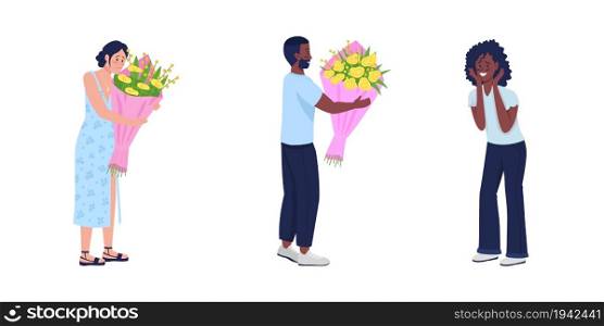 Giving and receiving bouquet semi flat color vector character set. Posing figures. Full body people on white. Dating isolated modern cartoon style illustration for graphic design and animation pack. Giving and receiving bouquet semi flat color vector character set