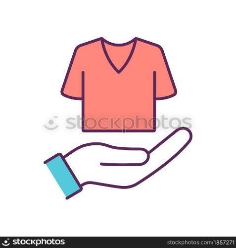 Giving away wear RGB color icon. Help people. Donation and charity. Giveaway things and clothes. Responsible consuming. Reduce consumption. Isolated vector illustration. Simple filled line drawing. Giving away wear RGB color icon