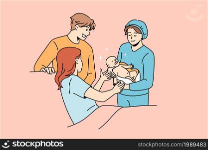 Giving birth and parenthood concept. Young happy mother lying in bed taking her newborn baby from nurse with smiling father standing nearby vector illustration . Giving birth and parenthood concept