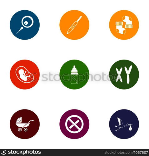 Giving birth icons set. Flat set of 9 giving birth vector icons for web isolated on white background. Giving birth icons set, flat style