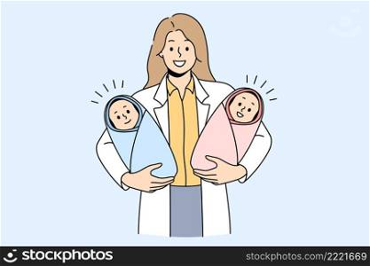 Giving birth to twins concept. Young woman doctor nurse midwife standing and holding twins boy and girls newborn infant in hands in clinic vector illustration . Giving birth to twins concept