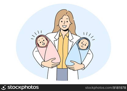 Giving birth to twins concept. Young woman doctor nurse midwife standing and holding twins boy and girls newborn infant in hands in clinic vector illustration. Giving birth to twins concept