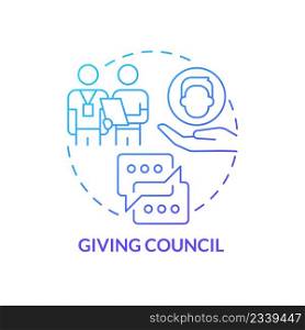 Giving council blue gradient concept icon. Coach support and corporate education. HR skills abstract idea thin line illustration. Isolated outline drawing. Myriad Pro-Bold font used. Giving council blue gradient concept icon