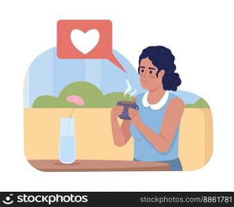 Giving feedback about coffee shop experience 2D vector isolated illustration. Lady with beverage flat character on cartoon background. Colorful editable scene for mobile, website, presentation. Giving feedback about coffee shop experience 2D vector isolated illustration