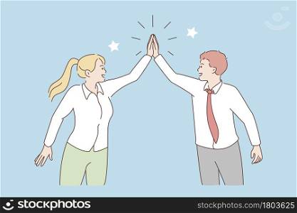 Giving five and collaboration concept. Young positive man and woman cartoon characters business partners standing giving five to each other working in team cooperating in work . Giving five and collaboration concept