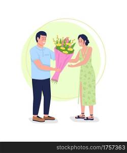 Giving flowers 2D vector web banner, poster. Happy boyfriend surprising smiling girlfriend with gift flat characters on cartoon background. Receive bouquet printable patch, colorful web element. Giving flowers 2D vector web banner, poster