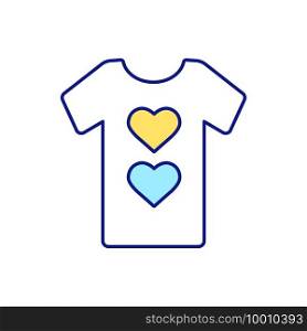Giving for good cause or charity RGB color icon. Two hearts on T-shirt. Providing money and goods to organization. Donating used toys for kids in need. Isolated vector illustration. Giving for good cause or charity RGB color icon