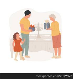 Giving gifts isolated cartoon vector illustration. People sharing gifts for religious holidays, old jewish celebration and traditions, blue color presents, positive spirit vector cartoon.. Giving gifts isolated cartoon vector illustration.