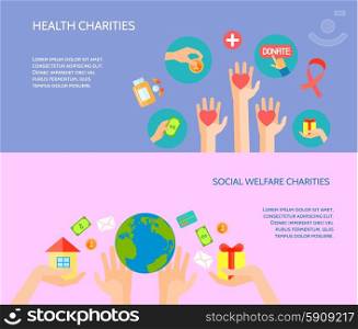Giving hands 2 horizontal flat banners . Health and social welfare charities site for donations 2 flat horizontal banners homepage abstract isolated vector illustration