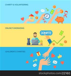 Giving hands horizontal flat banners set. Giving hands charities online fund raising for children 3 horizontal flat banners homepage abstract isolated vector illustration