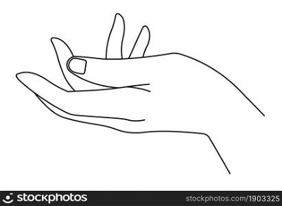 Giving or taking gesture, isolated female hand with palm and fingers. Body language or communication in non verbal means, continuous line art drawing. Minimalist depiction. Vector in flat style. Elegant hand of woman, giving or taking gesture