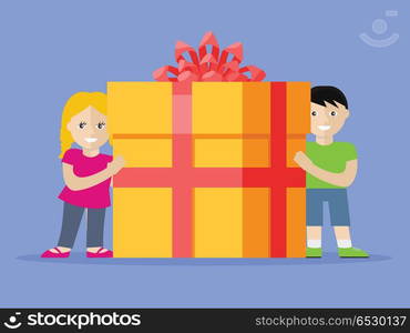 Giving Present Concept Smiling Little Boy and Girl. Giving present concept. Smiling little boy and girl standing with gift box decorated ribbon, bow flat vector illustration isolated. Birthday, valentine, christmas, fathers or mothers day celebrating