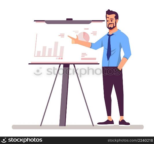 Giving presentation at work semi flat RGB color vector illustration. Male office worker isolated cartoon character on white background. Giving presentation at work semi flat RGB color vector illustration