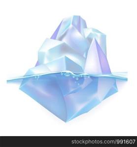 Glacier Iceberg Float On Ocean Water Waves Vector. Atlantic Cold Iceberg With Deep Underwater Part And Icecap. Marine Ice Hidden Threat Or Danger And Global Climate Change Realistic 3d Illustration. Glacier Iceberg Float On Ocean Water Waves Vector