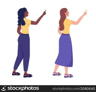 Glad women semi flat color vector characters set. Posing figures. Full body people on white. Pointing gesture isolated modern cartoon style illustrations collection for graphic design and animation. Glad women semi flat color vector characters set
