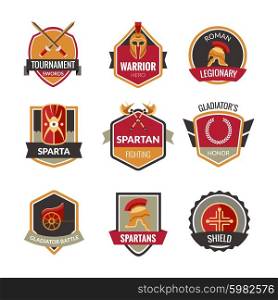 Gladiator emblems set with spartan fighting symbols isolated vector illustration. Gladiator Emblems Set