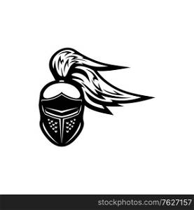Gladiator helmet with plumes isolated monochrome icon. Vector crusader headgear, medieval knight head, sport mascot emblem. Ancient protection cap with feathers, spartan military armor, royal guard. Knight, spartan gladiator, crusader warrior helmet