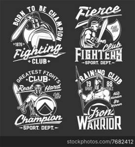 Gladiator knight warrior with sword and shield, t-shirt print sport team emblem, vector mockup. Heraldic medieval knight guardian in iron armor and helmet, victory fighting quotes for t-shirt print. Gladiator knight warrior with sword, t-shirt print