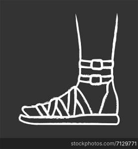 Gladiator sandals chalk icon. Woman stylish footwear design. Female casual shoes, modern summer flats with ankle strap side view. Fashionable ladies apparel. Isolated vector chalkboard illustration