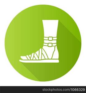 Gladiator sandals green flat design long shadow glyph icon. Woman stylish footwear design. Female casual shoes, modern summer flats with ankle strap side view. Vector silhouette illustration