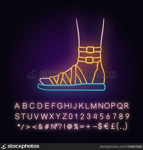 Gladiator sandals neon light icon. Woman stylish footwear design. Female casual shoes, modern summer flats. Glowing sign with alphabet, numbers and symbols. Vector isolated illustration