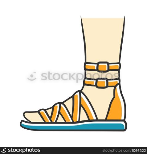 Gladiator sandals yellow color icon. Woman stylish footwear design. Female casual shoes, modern summer flats with ankle strap side view. Fashionable ladies apparel. Isolated vector illustration