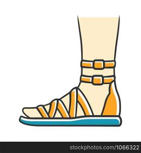 Gladiator sandals yellow color icon. Woman stylish footwear design. Female casual shoes, modern summer flats with ankle strap side view. Fashionable ladies apparel. Isolated vector illustration