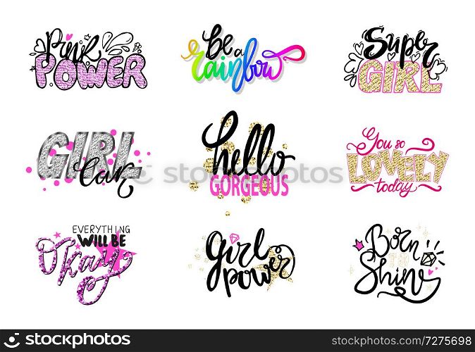 Glamorous graffiti with quotes written in calligraphy font with shiny sparkles isolated cartoon flat vector illustrations set on white background.. Glamorous Graffitti with Quotes Illustrations Set