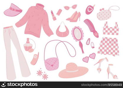 Glamorous pink barbiecore set. Different elements on white background - bags clothes mirror cellphones sunglasses perfume hairlclips hairbrush earrings shoes hat. Vector illustrations set.. Glamorous pink barbiecore set. Different elements on white background - bags, clothes, mirror, cellphones, hat, sunglasses, perfume, hairlclips, hairbrush, earrings, shoes. Vector illustrations set.