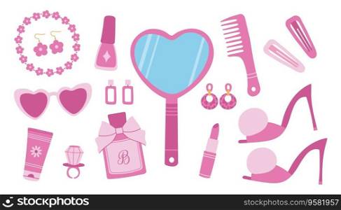Glamorous pink doll girl trendy set with aesthetic accessories and cosmetics. Fashion pink girl collection. Cartoon vector illustration.