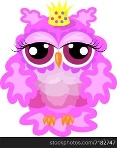 Glamorous pink owl-princess with crown, pattern with the effect of volume