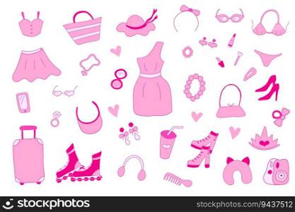 Glamorous trendy pink stickers set. Nostalgic barbiecore 2000s style collection.Isolated elements on white background  dress, swimsuit, phone, camera, glasses, lipstick, hat, shoes, bag, rollers. 
