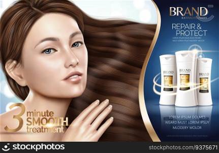 Glamour hair treatment ad, hair repair shampoo products with charming model with glossy hair in 3d illustration. Glamour hair treatment ad