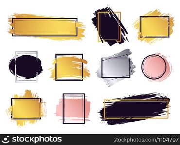 Glamour ink brush frame. Gold frame elements, commercial boxes for text, ink brush stroke border, modern frame design vector isolated set. Collection of geometric frames with glossy ink smears. Glamour ink brush frame. Gold frame elements, commercial boxes for text, ink brush stroke border, modern frame design vector isolated set. Square, round and rectangular frames with inks stains