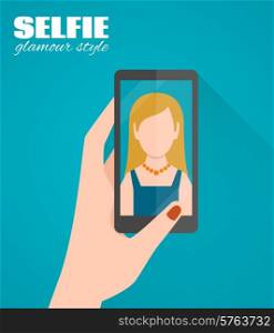 Glamour style selfie flat poster with female hand holding smartphone with woman picture vector illustration. Selfie Flat Poster