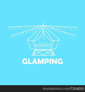 Glamping or camping with a tent icon and a light bulb in white colors, isolated bright blue background. Comfort, wifi. EPS 10 vector. Glamping or camping with a tent icon and a light bulb in white colors, isolated bright blue background. Comfort, wifi. EPS 10 vector.