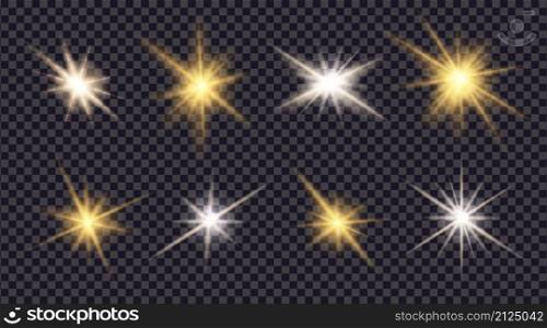 Glare flare lights. Golden lens effects on transparent background. Bright spark star or glitter sparks of sun or camera. Shining sunlight ray. Magic burst beam isolated. vector illustration