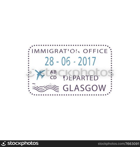 Glasgow immigration office departed visa st&isolated. Vector Poland destination seal with date. Departed from Glasgow, Poland visa st&isolated