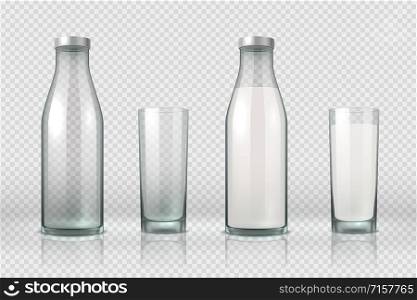 Glass and bottle with milk. Realistic empty, half full and full glass bottle, 3D mockup milk product. Vector set milky beverage in container on transparent background. Glass and bottle with milk. Realistic empty, half full and full glass bottle, 3D mockup milk product. Vector set on transparent background