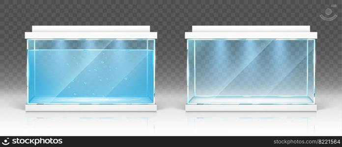 Glass aquarium with water and empty terrarium with white lids and lighting isolated on transparent background. Vector realistic mockup of clear rectangular tank for fish, aquatic pet and other animals. Glass aquarium with water and empty terrarium