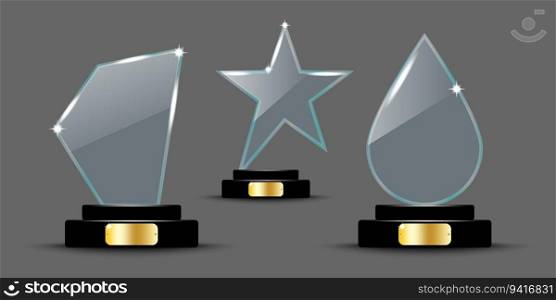 Glass award, trophy. Glass figure of a shield, stars, drops. Glass figures on a stand. Vector illustration. stock image. EPS 10.. Glass award, trophy. Glass figure of a shield, stars, drops. Glass figures on a stand. Vector illustration. stock image.