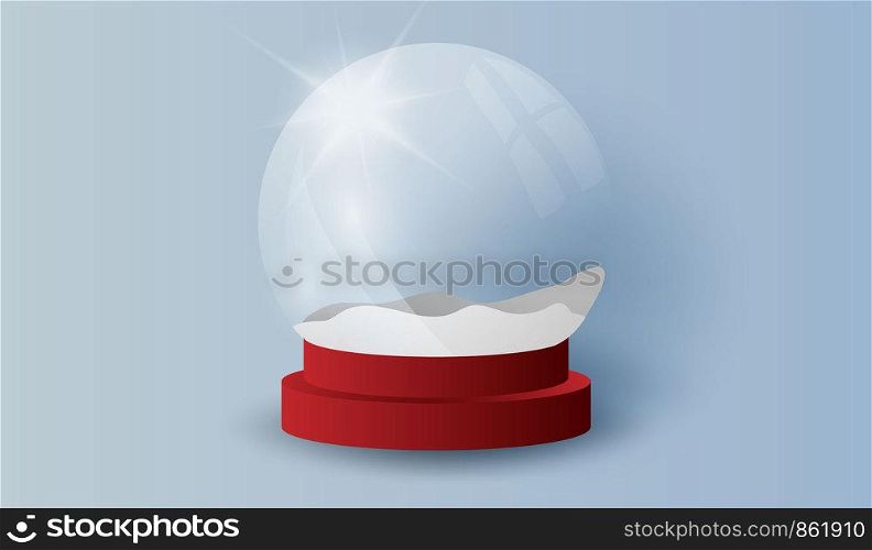 Glass ball highlight snow stand 3d realistic transparent background template.Happy new year and Merry Christmas day.Creative design paper art and craft style.Gift decoration for holiday vector.EPS10