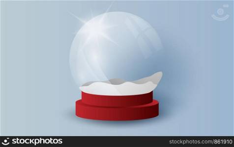 Glass ball highlight snow stand 3d realistic transparent background template.Happy new year and Merry Christmas day.Creative design paper art and craft style.Gift decoration for holiday vector.EPS10