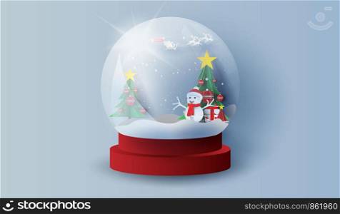 Glass ball snow stand with mountain landscape christmas trees in forest.Happy new year and Merry Christmas day.paper art and craft.Snow ice and Gift decoration for holiday and winter season.vector